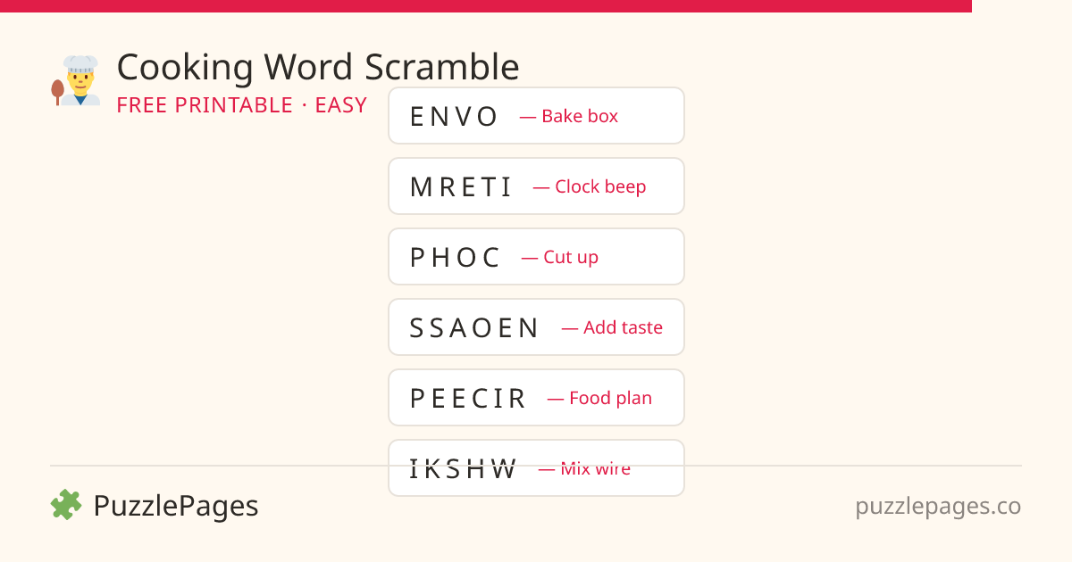 Cooking Easy printable word scramble preview — free to print from PuzzlePages
