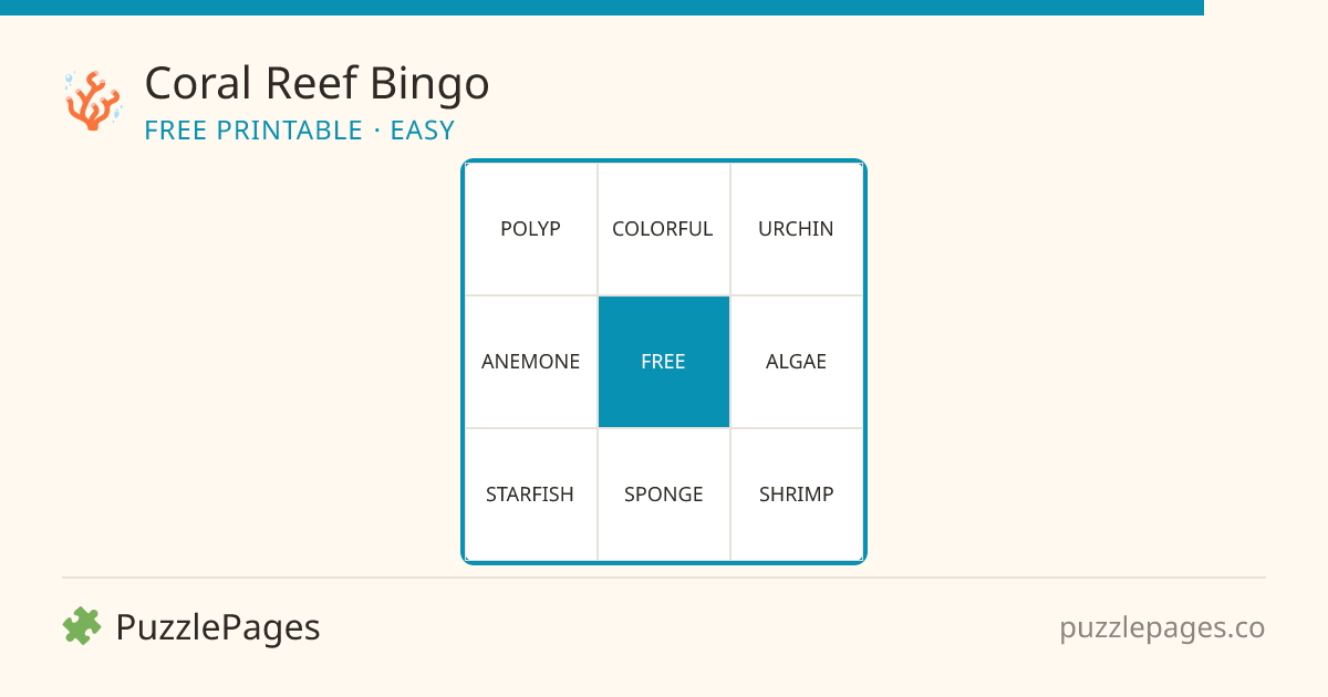 Coral Reef Easy printable bingo preview — free to print from PuzzlePages