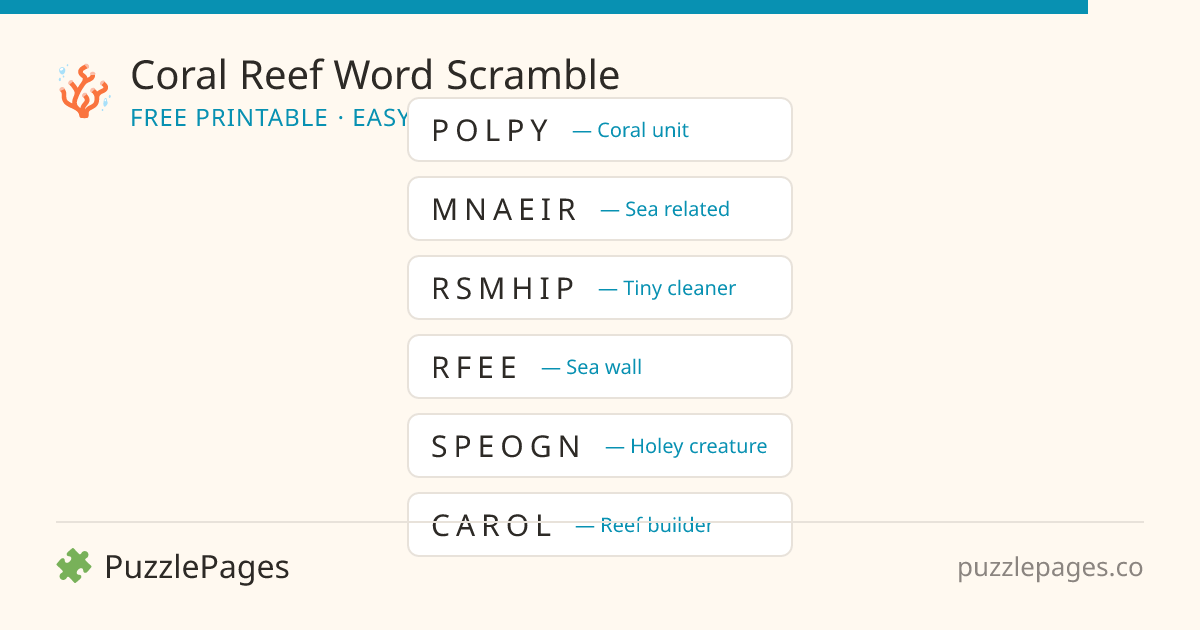 Coral Reef Easy printable word scramble preview — free to print from PuzzlePages