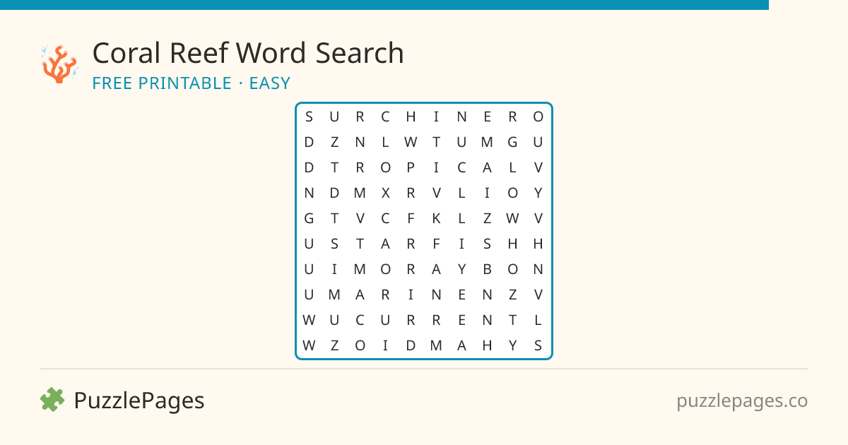 Coral Reef Easy printable word search preview — free to print from PuzzlePages