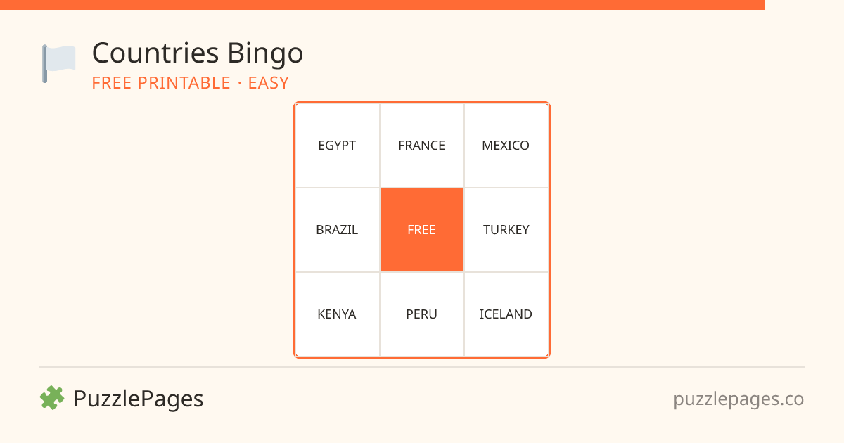 Countries Easy printable bingo preview — free to print from PuzzlePages