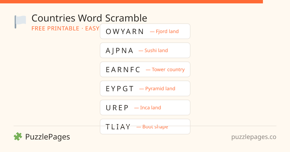 Countries Easy printable word scramble preview — free to print from PuzzlePages