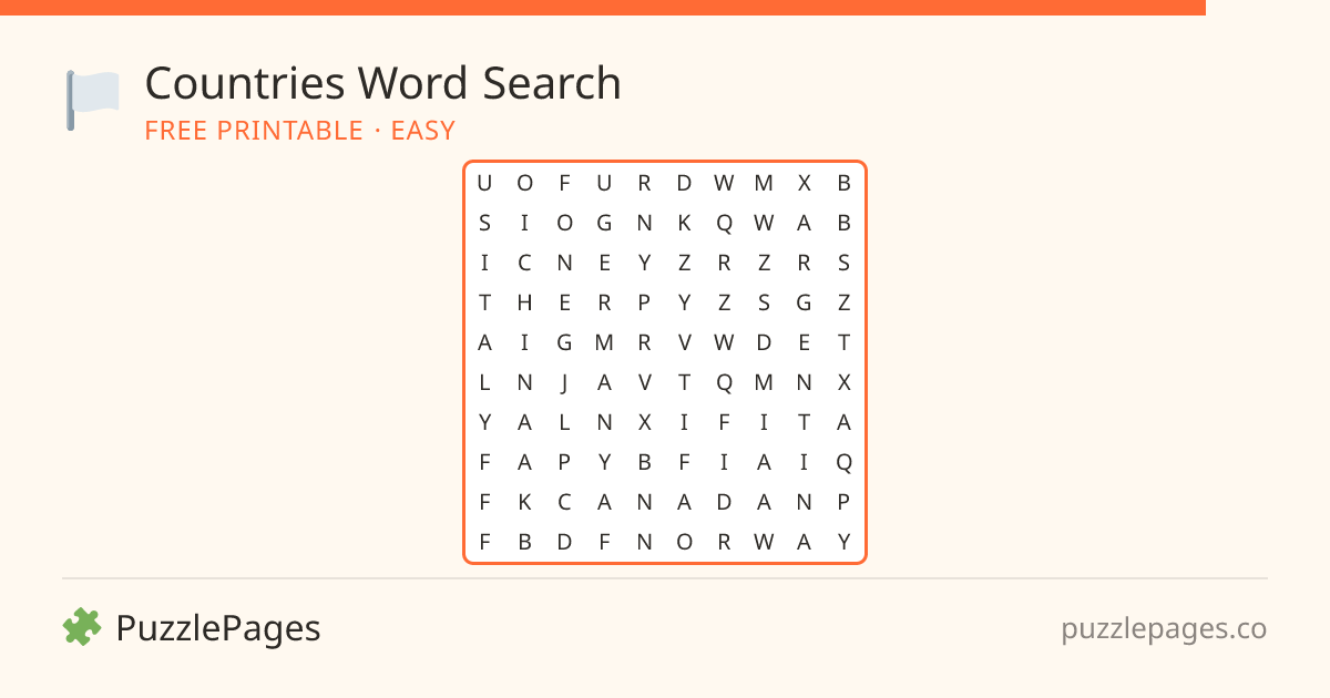 Countries Easy printable word search preview — free to print from PuzzlePages