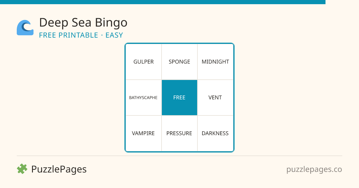 Deep Sea Easy printable bingo preview — free to print from PuzzlePages