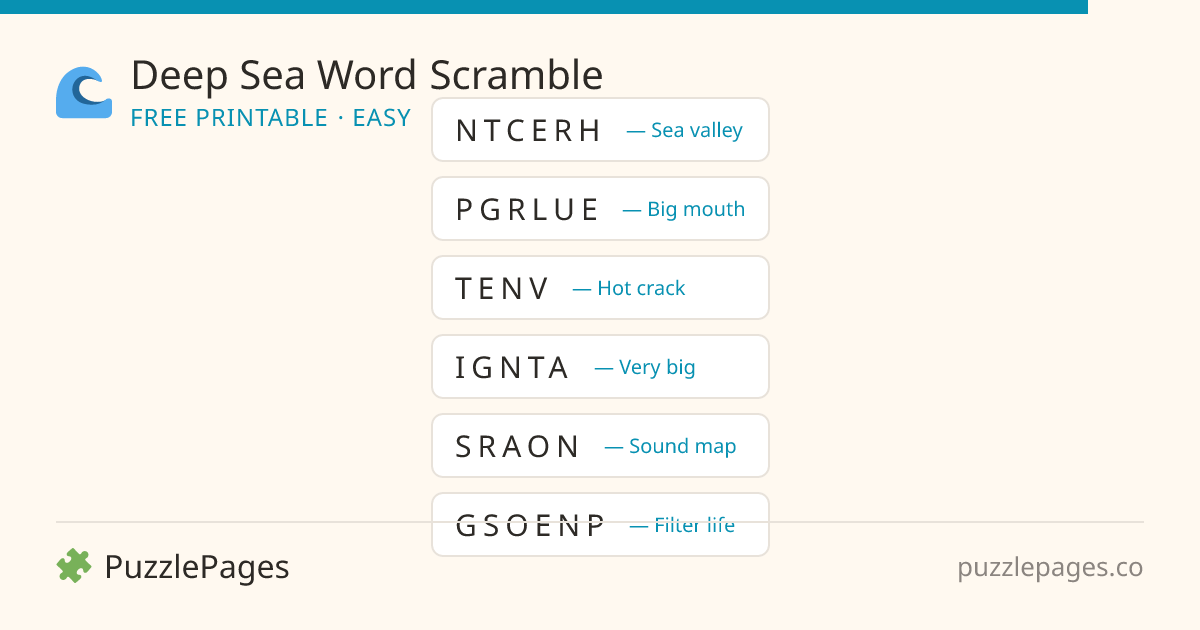 Deep Sea Easy printable word scramble preview — free to print from PuzzlePages
