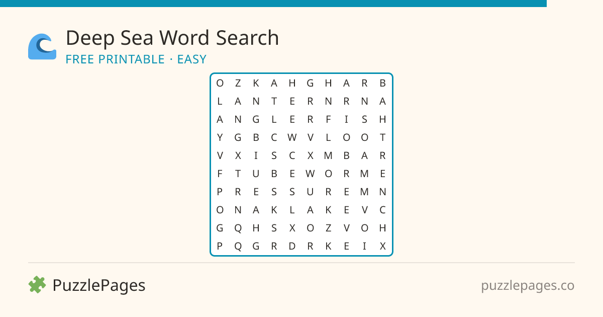 Deep Sea Easy printable word search preview — free to print from PuzzlePages
