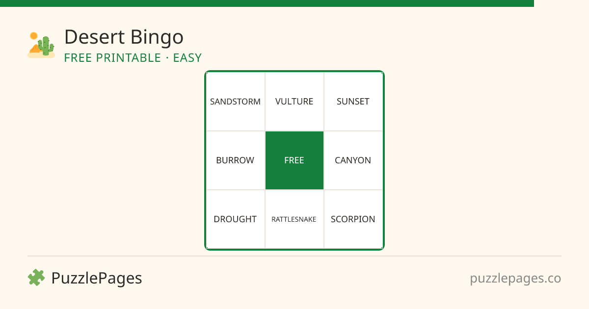 Desert Easy printable bingo preview — free to print from PuzzlePages