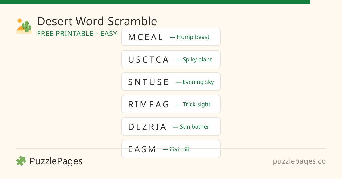 Desert Easy printable word scramble preview — free to print from PuzzlePages