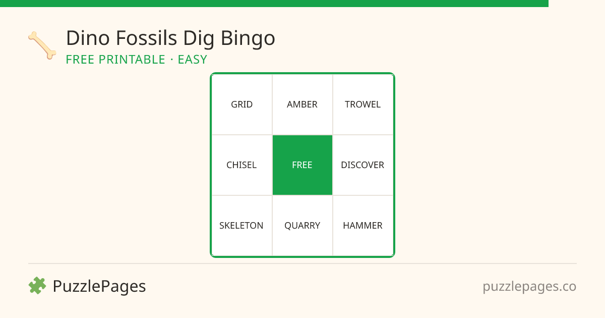 Dino Fossils Dig Easy printable bingo preview — free to print from PuzzlePages
