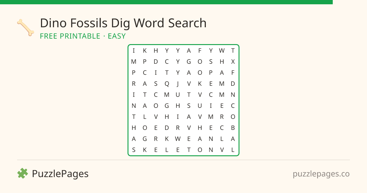 Dino Fossils Dig Easy printable word search preview — free to print from PuzzlePages