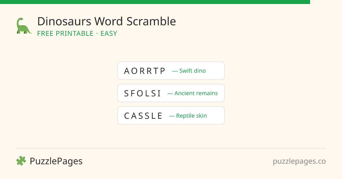 Dinosaurs Easy printable word scramble preview — free to print from PuzzlePages