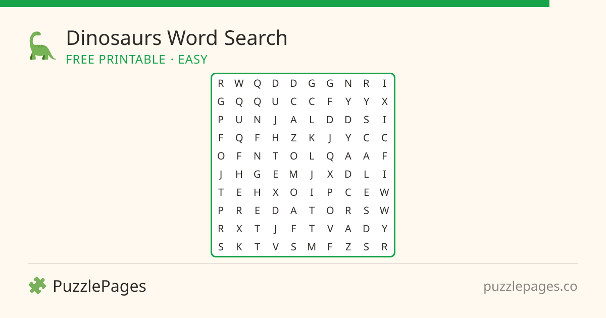 Dinosaurs Easy printable word search preview — free to print from PuzzlePages