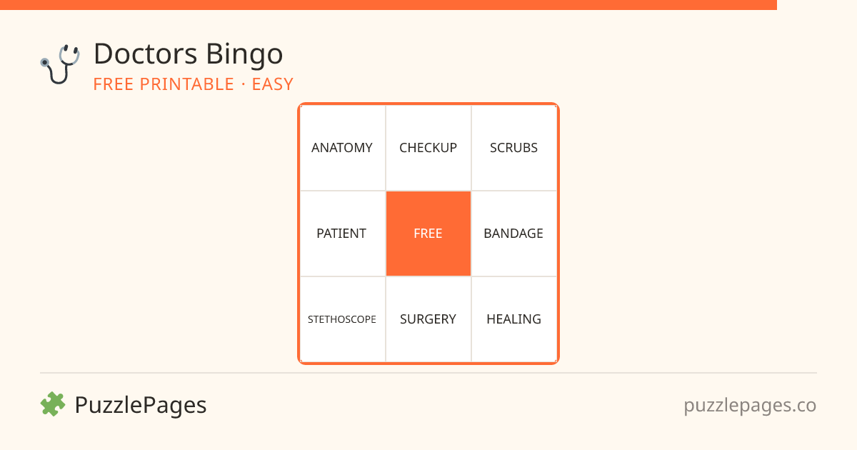 Doctors Easy printable bingo preview — free to print from PuzzlePages