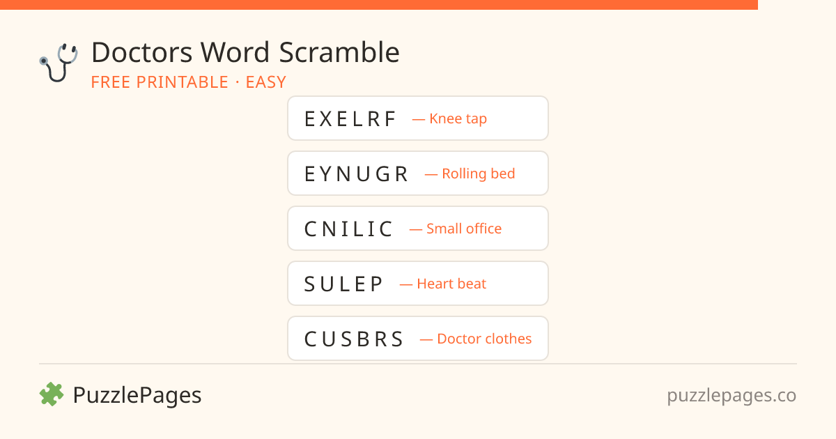 Doctors Easy printable word scramble preview — free to print from PuzzlePages