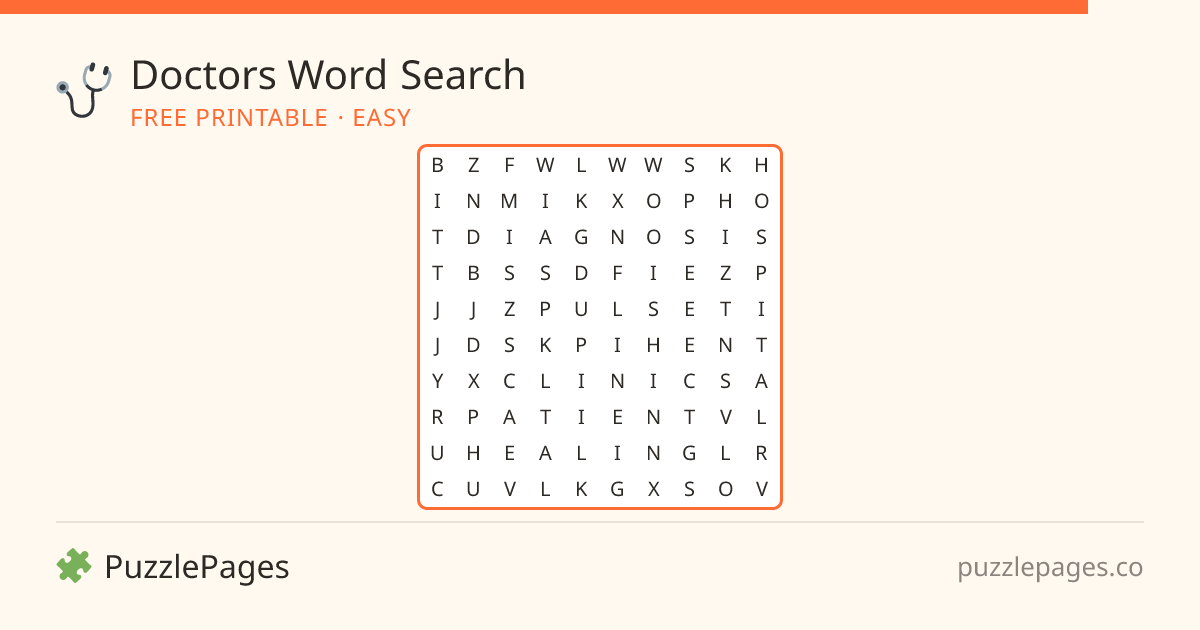 Doctors Easy printable word search preview — free to print from PuzzlePages