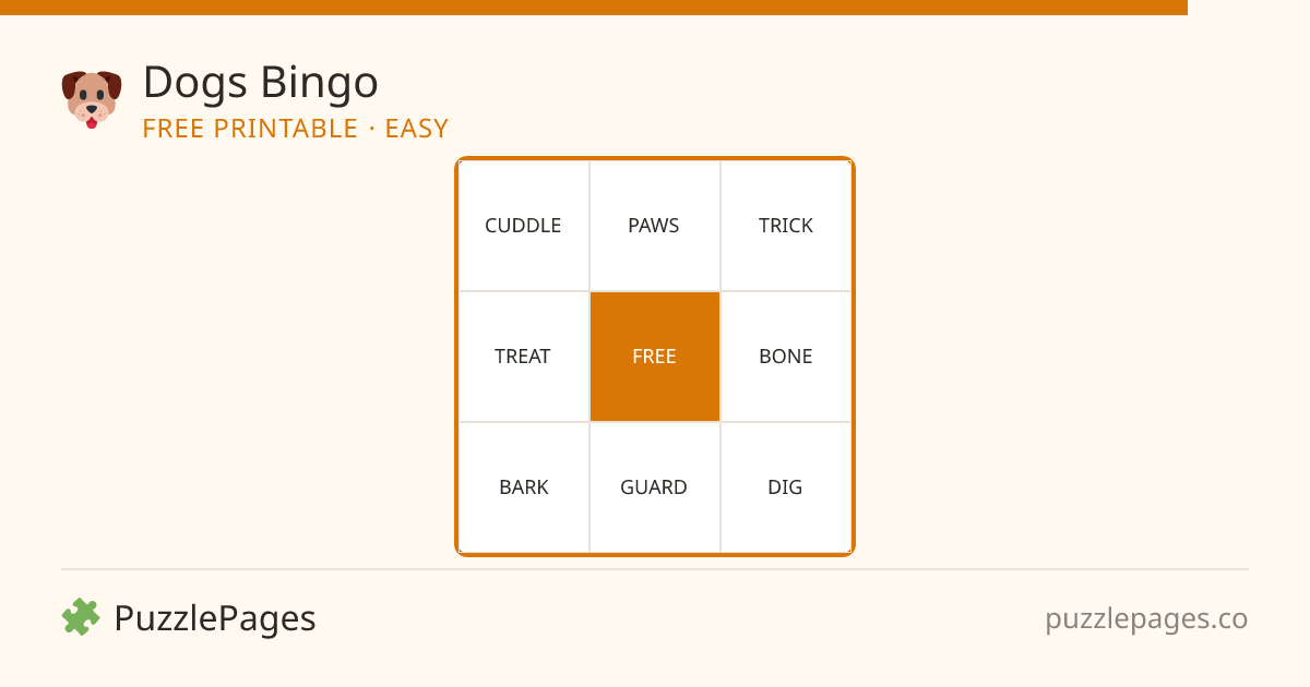 Dogs Easy printable bingo preview — free to print from PuzzlePages
