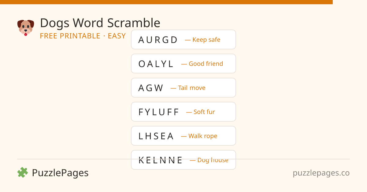 Dogs Easy printable word scramble preview — free to print from PuzzlePages