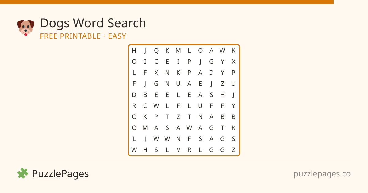 Dogs Easy printable word search preview — free to print from PuzzlePages