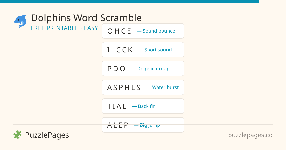 Dolphins Easy printable word scramble preview — free to print from PuzzlePages