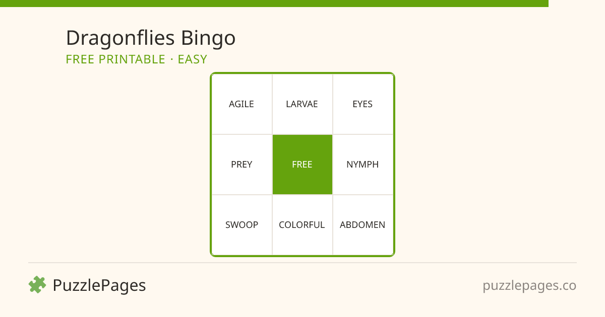 Dragonflies Easy printable bingo preview — free to print from PuzzlePages