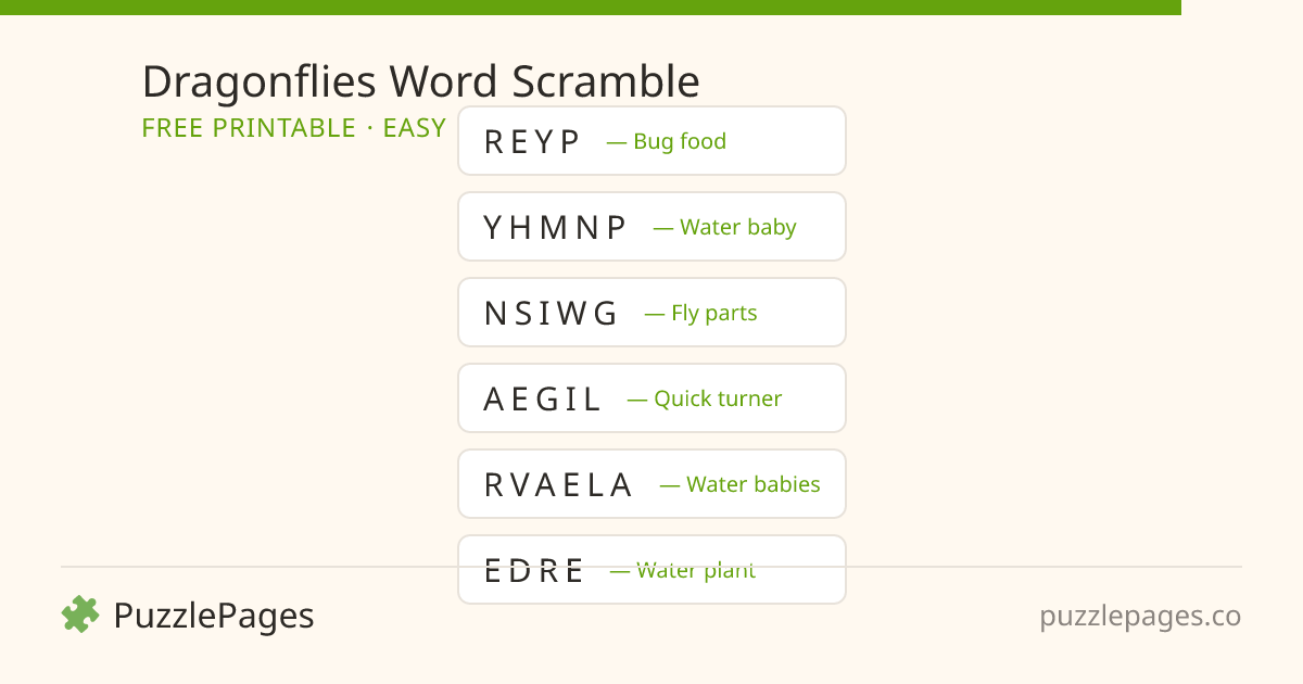 Dragonflies Easy printable word scramble preview — free to print from PuzzlePages