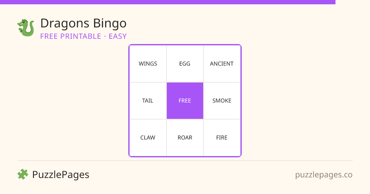 Dragons Easy printable bingo preview — free to print from PuzzlePages