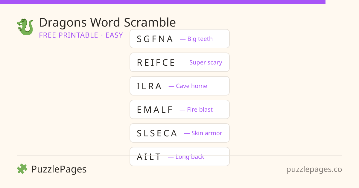 Dragons Easy printable word scramble preview — free to print from PuzzlePages