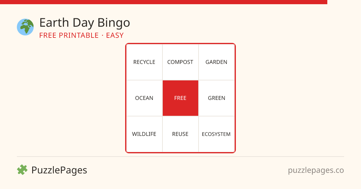 Earth Day Easy printable bingo preview — free to print from PuzzlePages