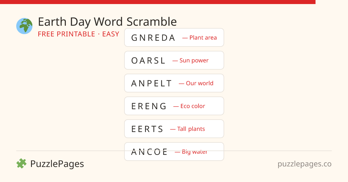 Earth Day Easy printable word scramble preview — free to print from PuzzlePages