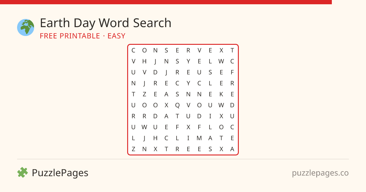 Earth Day Easy printable word search preview — free to print from PuzzlePages