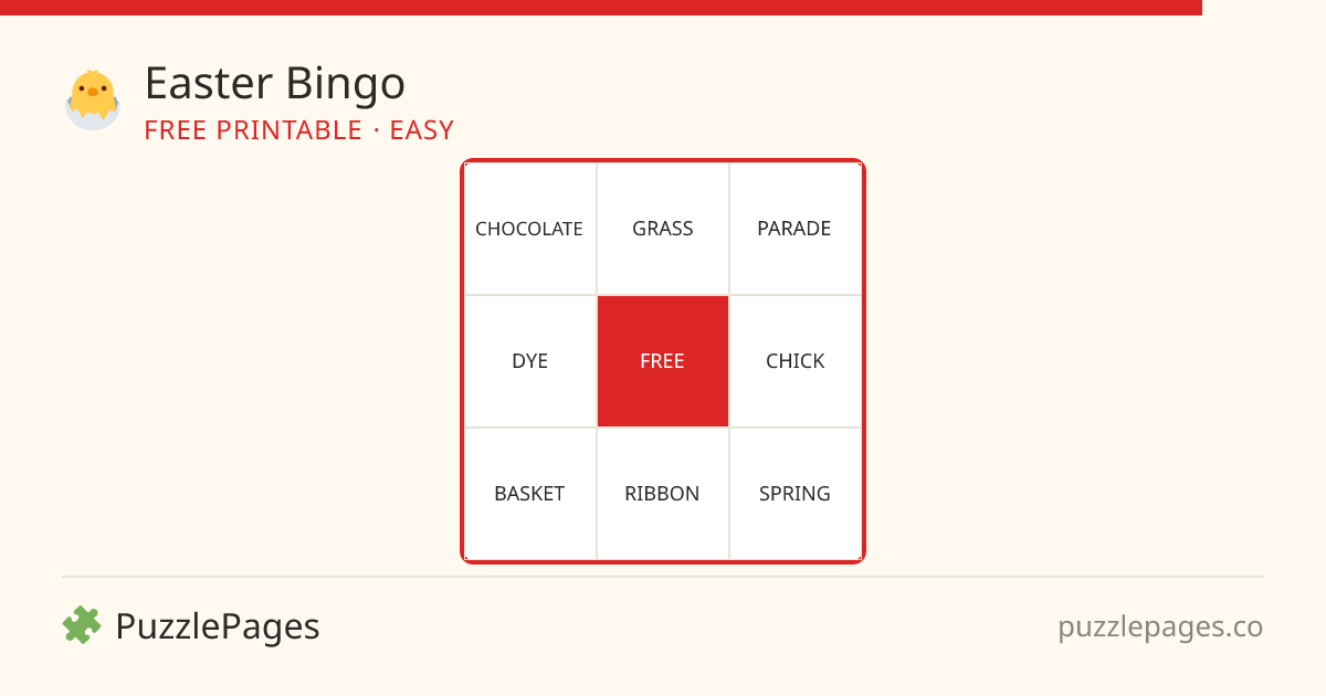 Easter Easy printable bingo preview — free to print from PuzzlePages