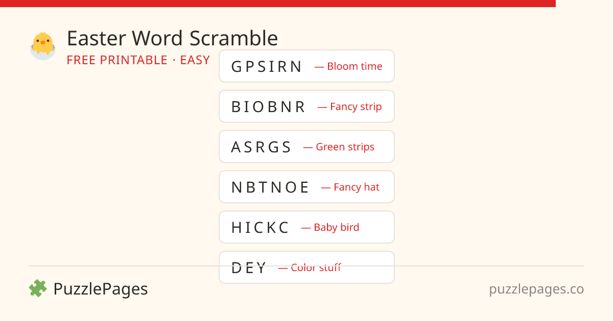 Easter Easy printable word scramble preview — free to print from PuzzlePages
