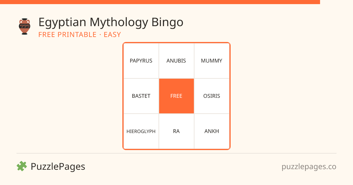 Egyptian Mythology Easy printable bingo preview — free to print from PuzzlePages