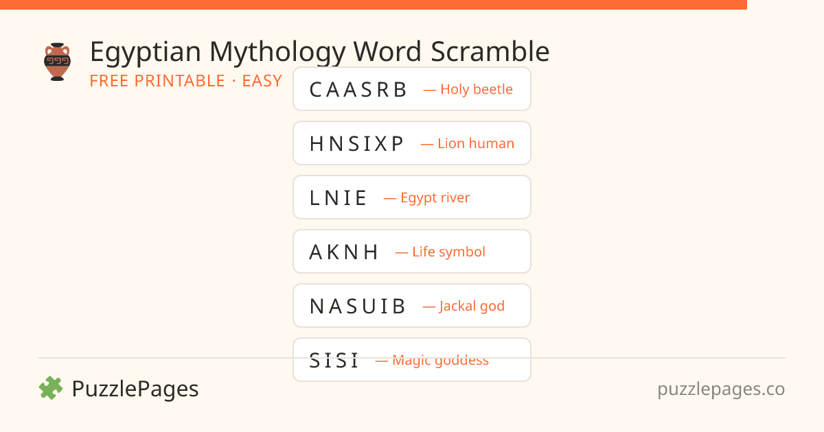 Egyptian Mythology Easy printable word scramble preview — free to print from PuzzlePages