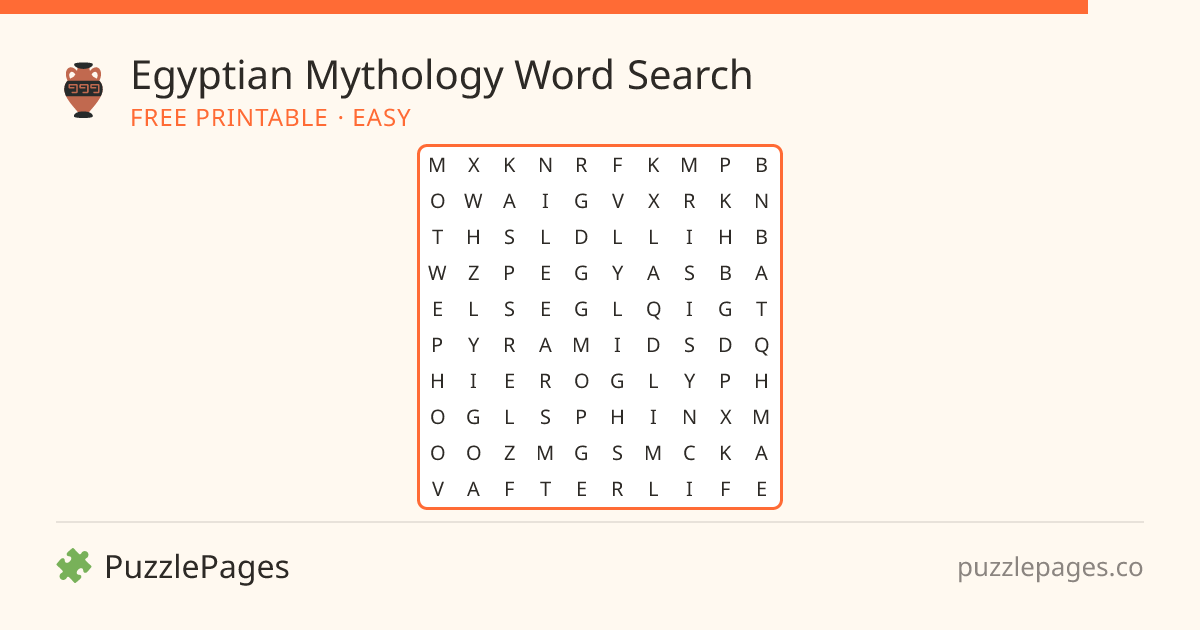 Egyptian Mythology Easy printable word search preview — free to print from PuzzlePages