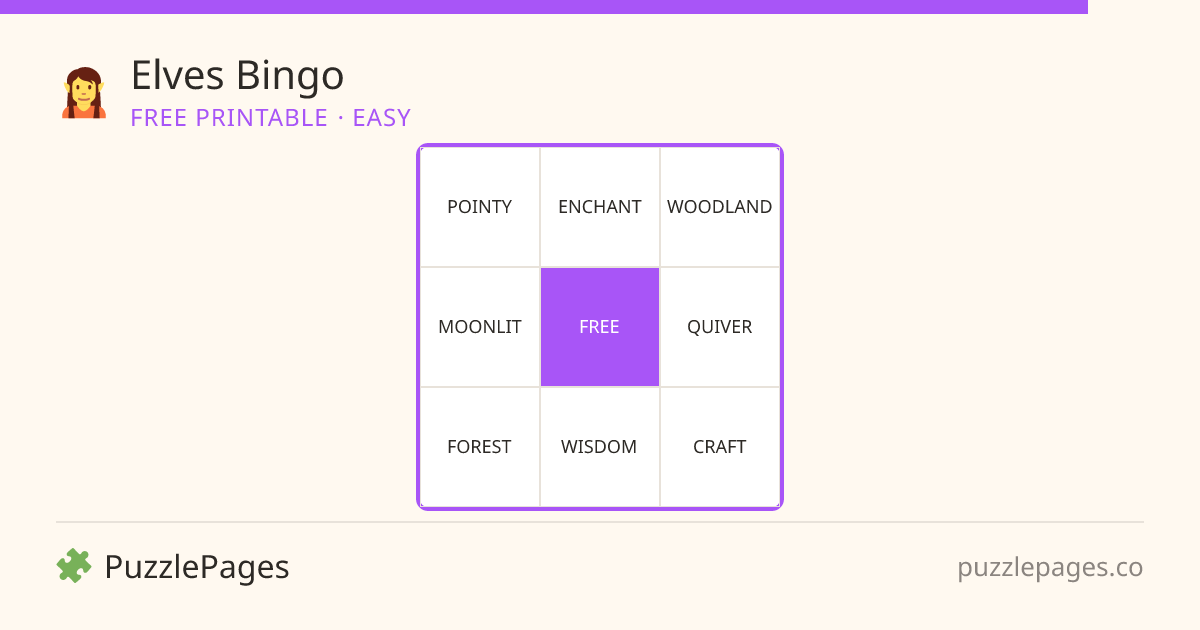 Elves Easy printable bingo preview — free to print from PuzzlePages