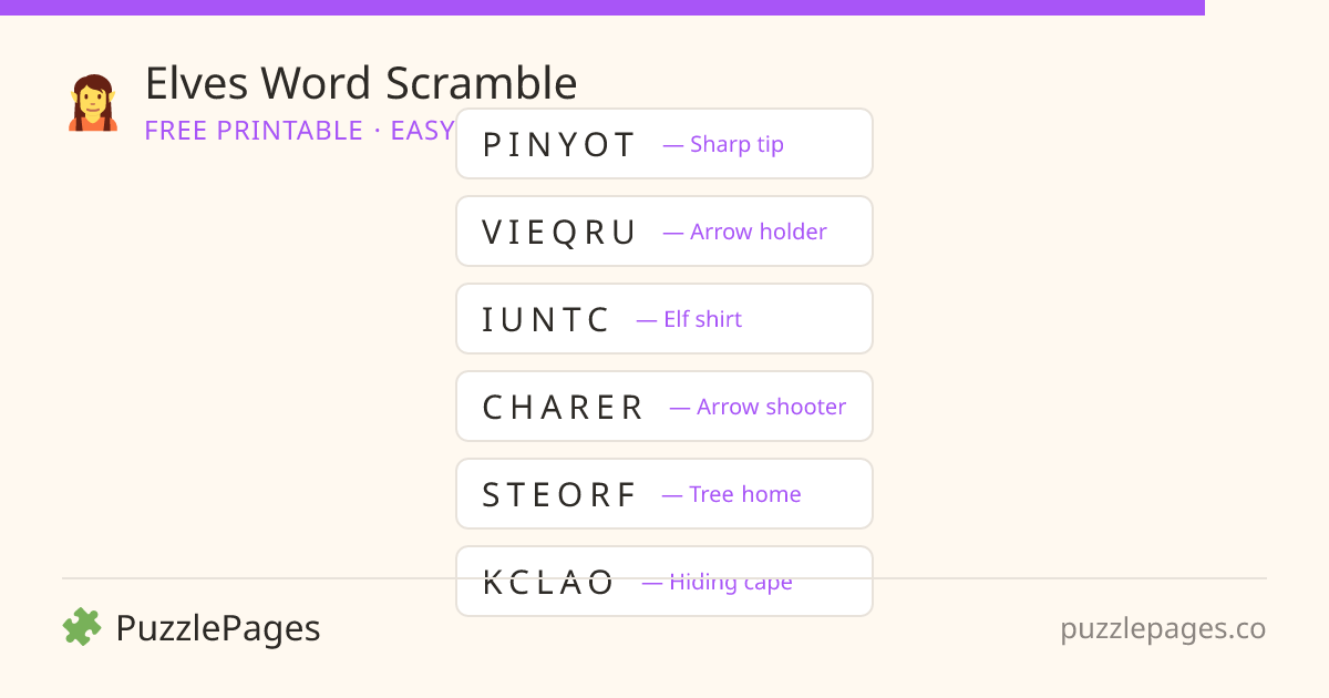 Elves Easy printable word scramble preview — free to print from PuzzlePages