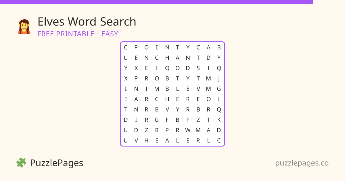 Elves Easy printable word search preview — free to print from PuzzlePages