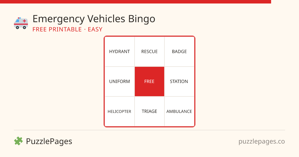 Emergency Vehicles Easy printable bingo preview — free to print from PuzzlePages