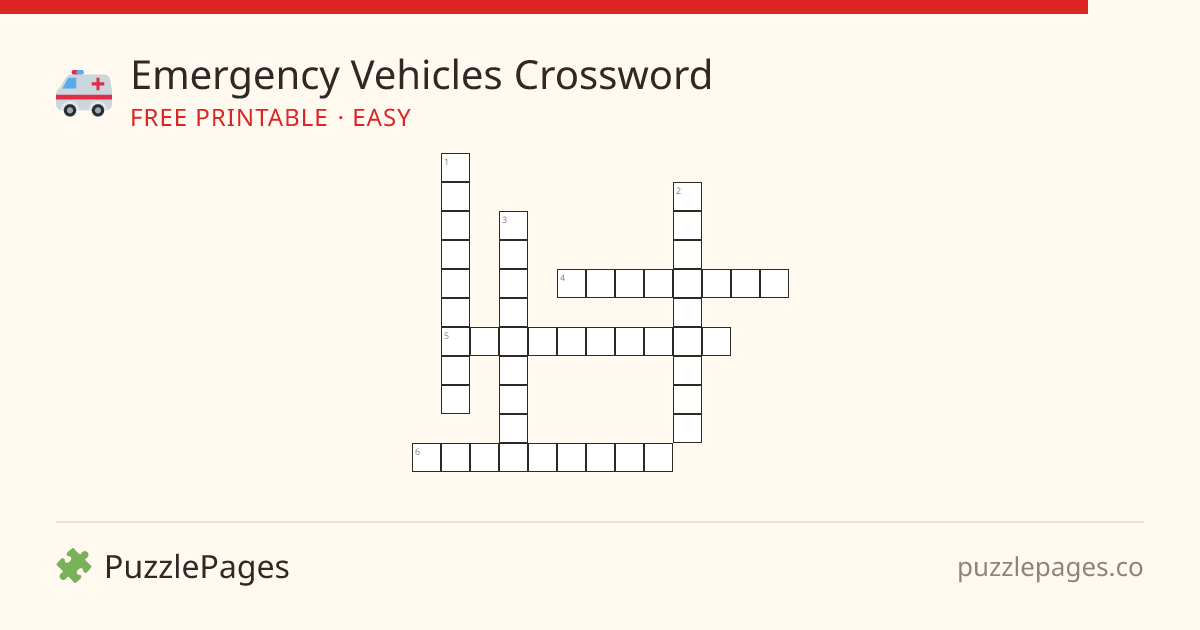 Emergency Vehicles Easy printable crossword preview — free to print from PuzzlePages