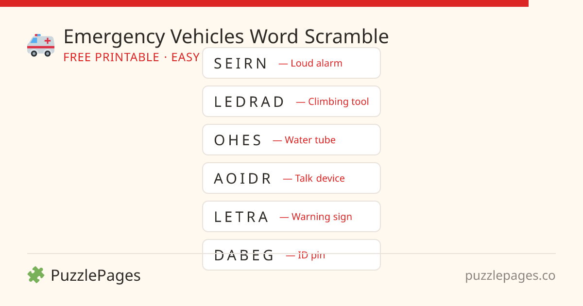 Emergency Vehicles Easy printable word scramble preview — free to print from PuzzlePages