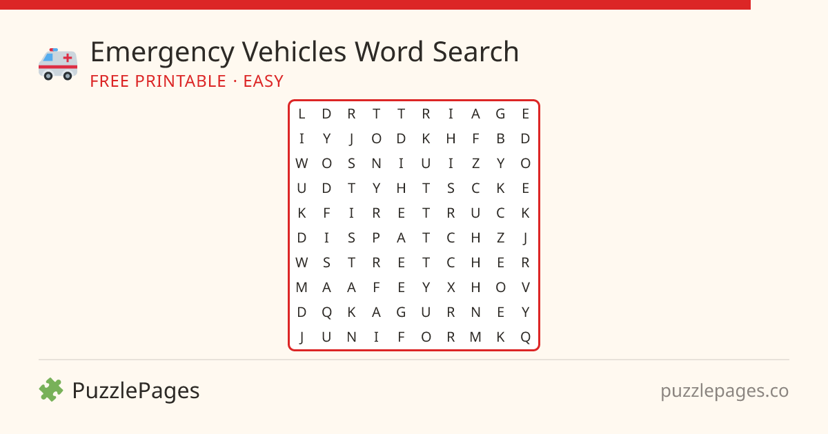 Emergency Vehicles Easy printable word search preview — free to print from PuzzlePages