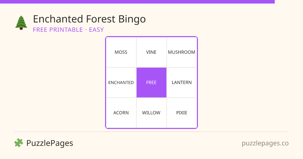 Enchanted Forest Easy printable bingo preview — free to print from PuzzlePages