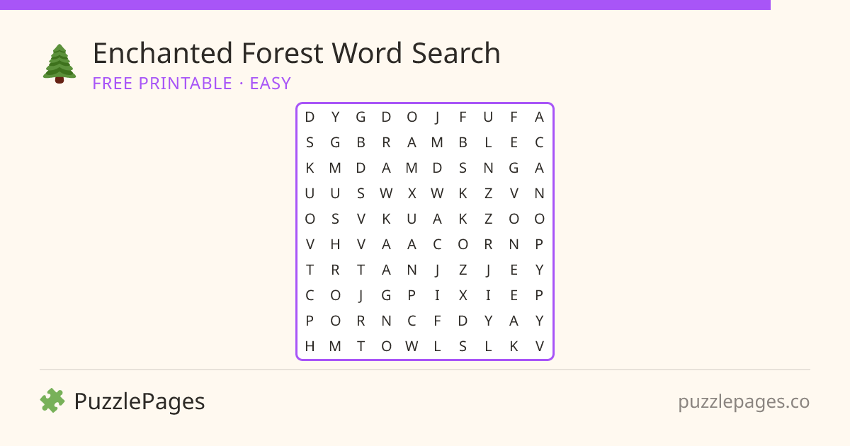 Enchanted Forest Easy printable word search preview — free to print from PuzzlePages