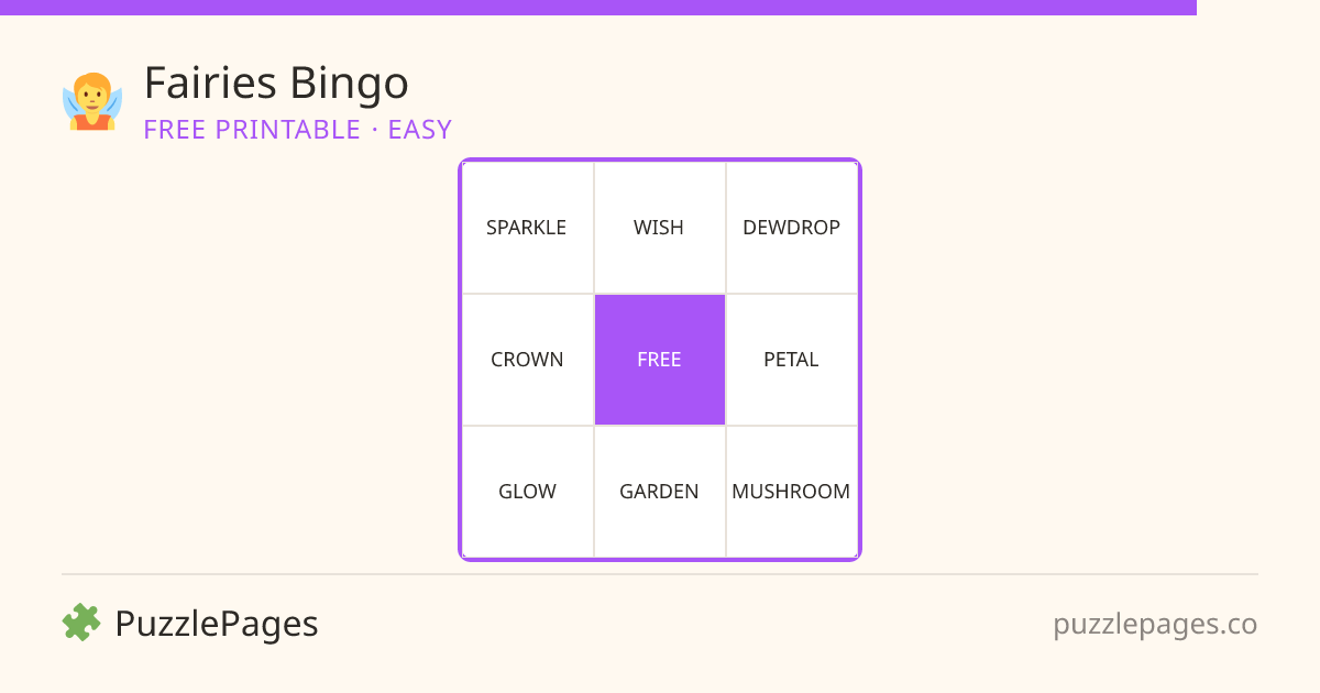 Fairies Easy printable bingo preview — free to print from PuzzlePages