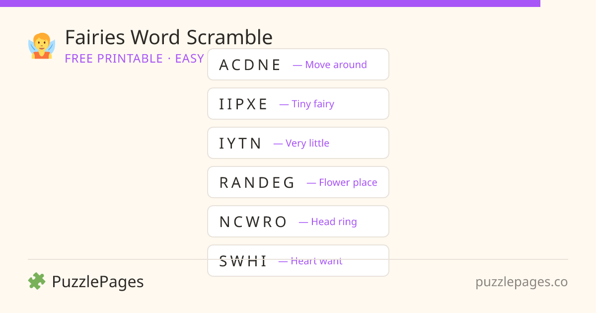 Fairies Easy printable word scramble preview — free to print from PuzzlePages