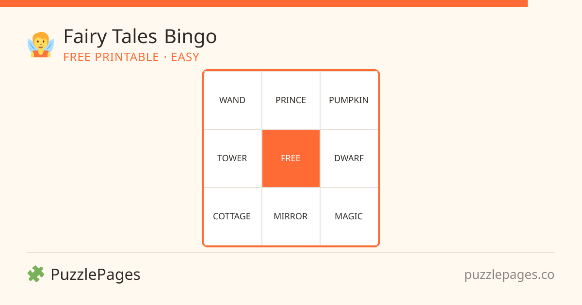 Fairy Tales Easy printable bingo preview — free to print from PuzzlePages