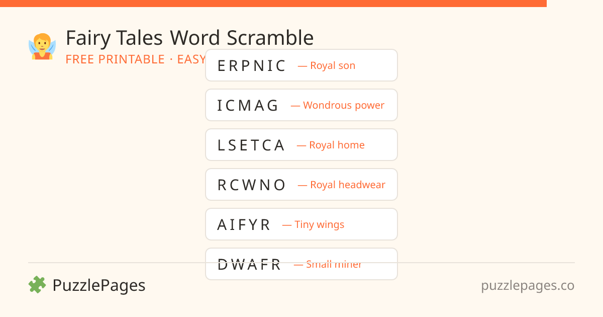 Fairy Tales Easy printable word scramble preview — free to print from PuzzlePages