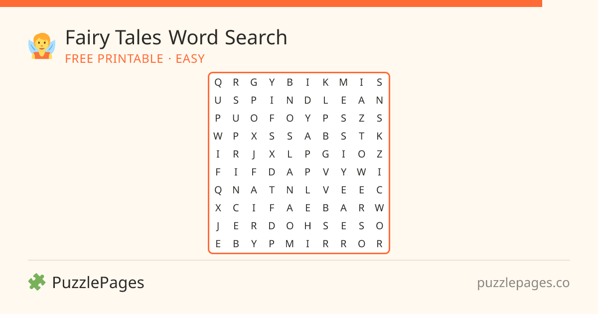 Fairy Tales Easy printable word search preview — free to print from PuzzlePages
