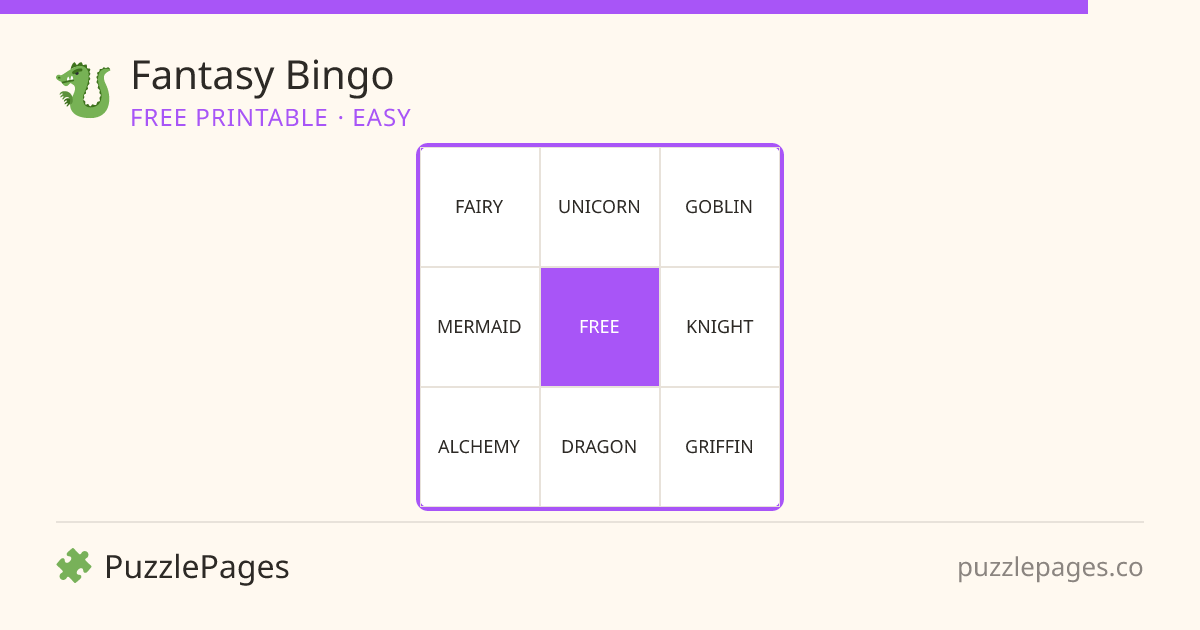 Fantasy Easy printable bingo preview — free to print from PuzzlePages